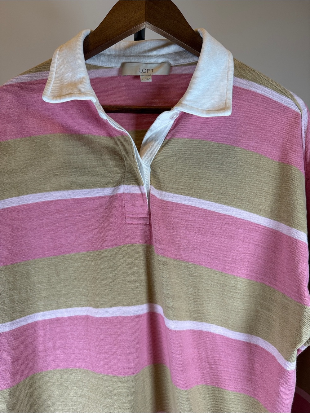 LOFT Pink and Tan Rugby Stripe Polo Top | Size L - Picture 4 of 10